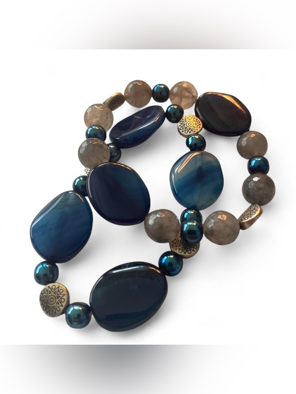 Blue Agate & Metallic Hematite Stretch Bracelet Set - Unbranded